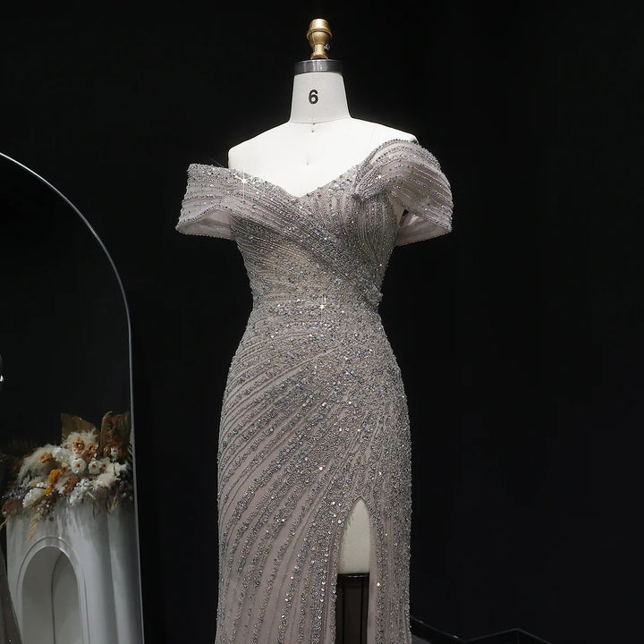 Elegant Champagne Sequin Bead Off-Shoulder Evening Dress SS007
