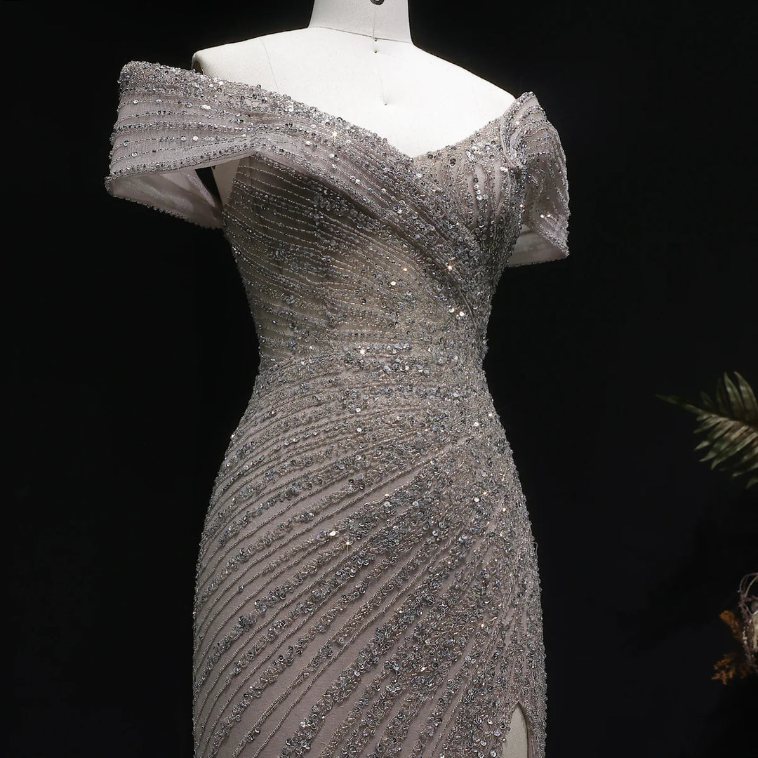 Elegant Champagne Sequin Bead Off-Shoulder Evening Dress SS007