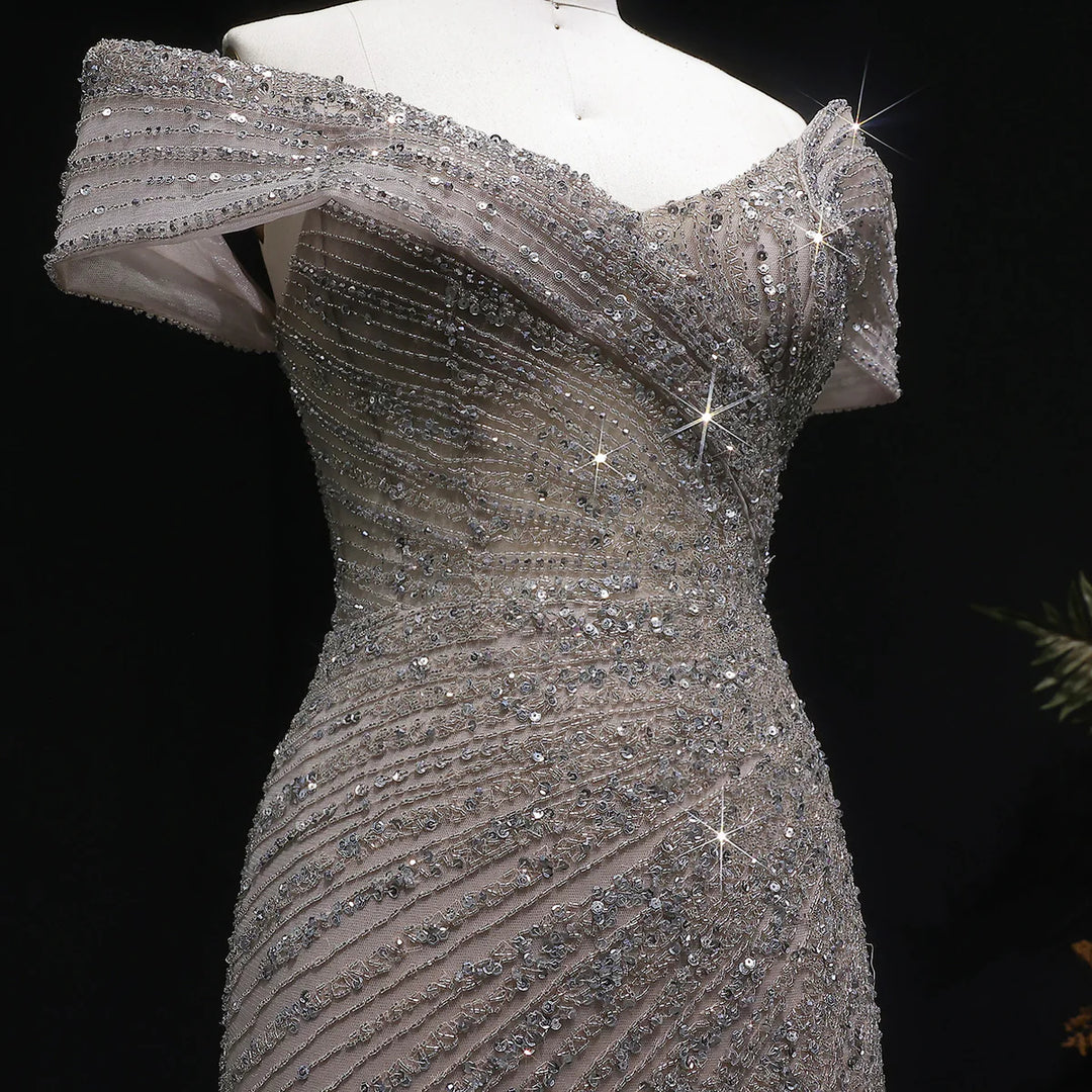 Elegant Champagne Sequin Bead Off-Shoulder Evening Dress SS007