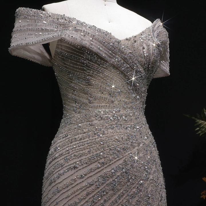 Elegant Champagne Sequin Bead Off-Shoulder Evening Dress SS007