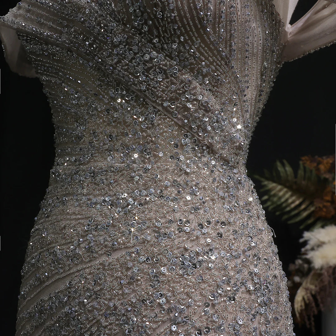 Elegant Champagne Sequin Bead Off-Shoulder Evening Dress SS007