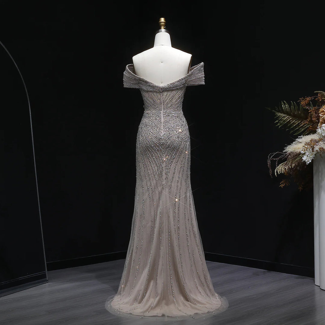 Elegant Champagne Sequin Bead Off-Shoulder Evening Dress SS007