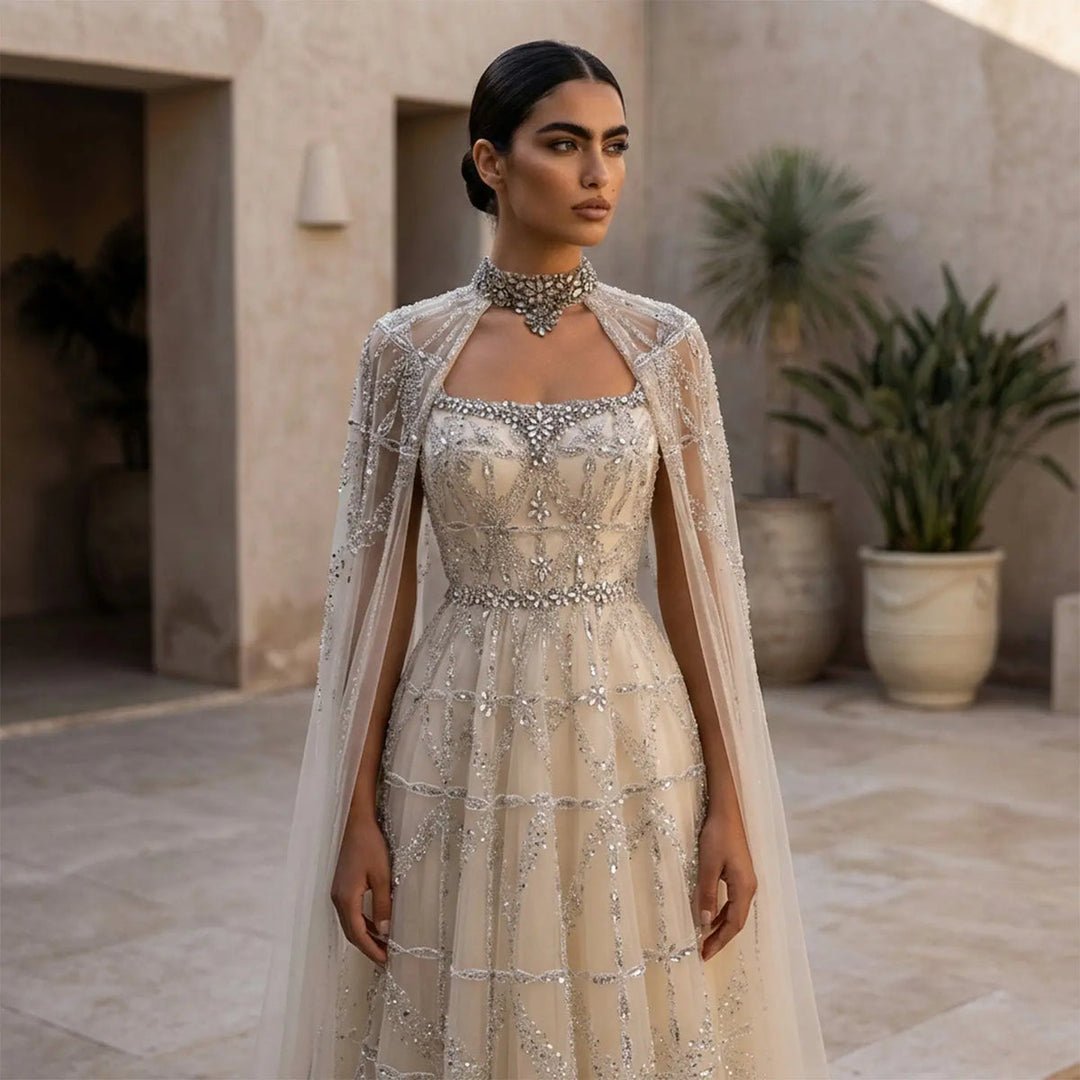 Elegant Cream Heavy Beaded Cape Evening Dress SS486