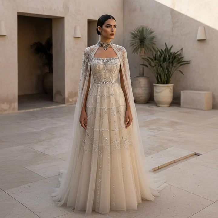 Elegant Cream Heavy Beaded Cape Evening Dress SS486