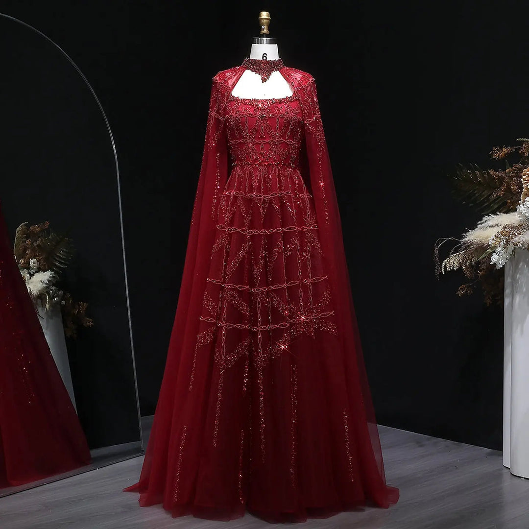 Elegant Cream Heavy Beaded Cape Evening Dress SS486