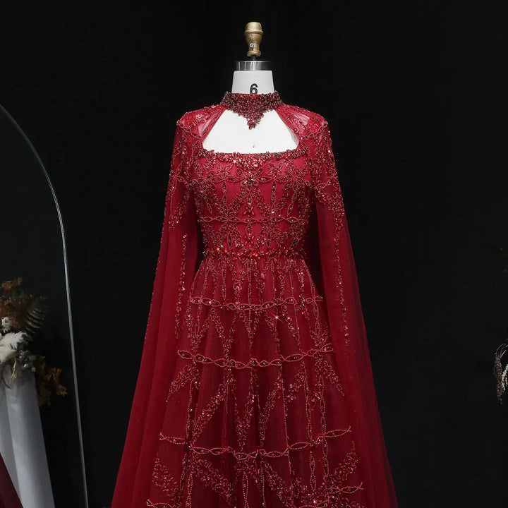 Elegant Cream Heavy Beaded Cape Evening Dress SS486