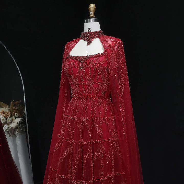 Elegant Cream Heavy Beaded Cape Evening Dress SS486