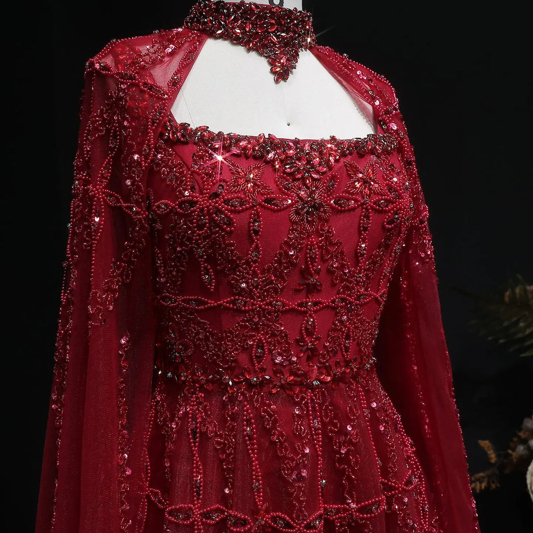 Elegant Cream Heavy Beaded Cape Evening Dress SS486