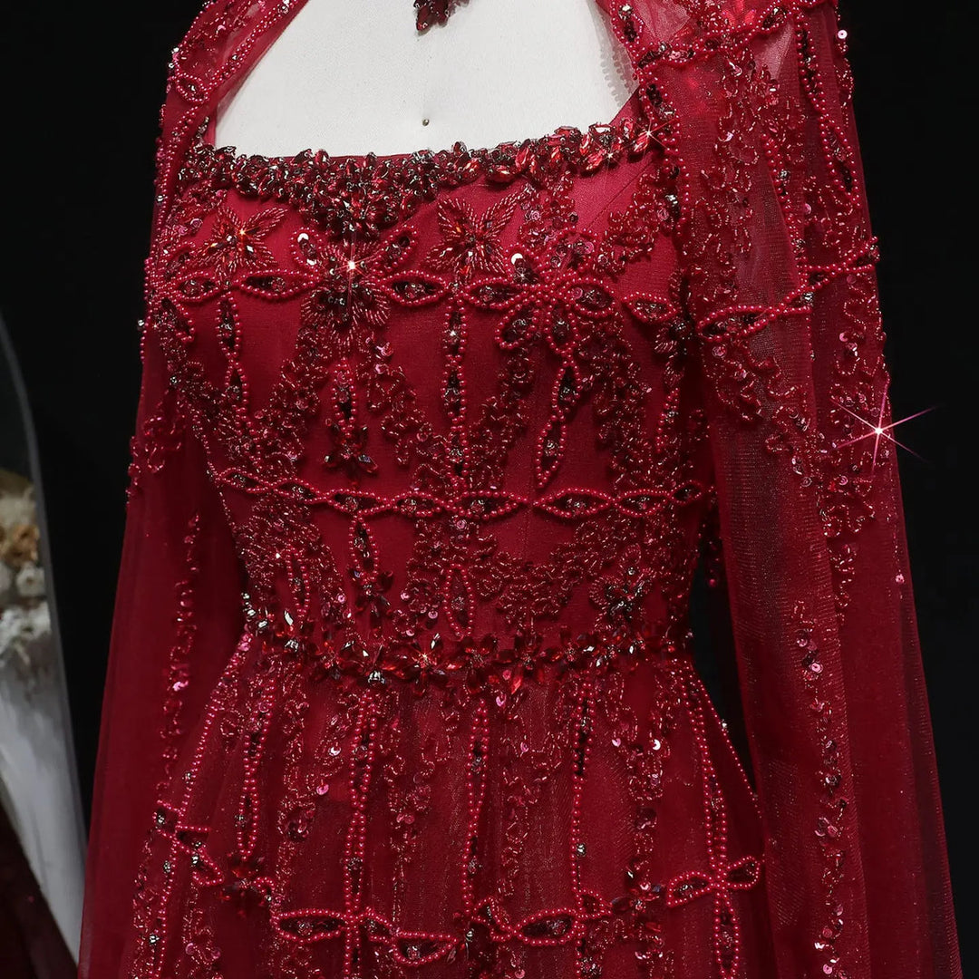 Elegant Cream Heavy Beaded Cape Evening Dress SS486