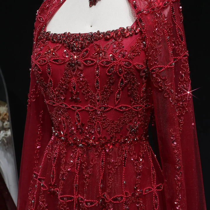 Elegant Cream Heavy Beaded Cape Evening Dress SS486