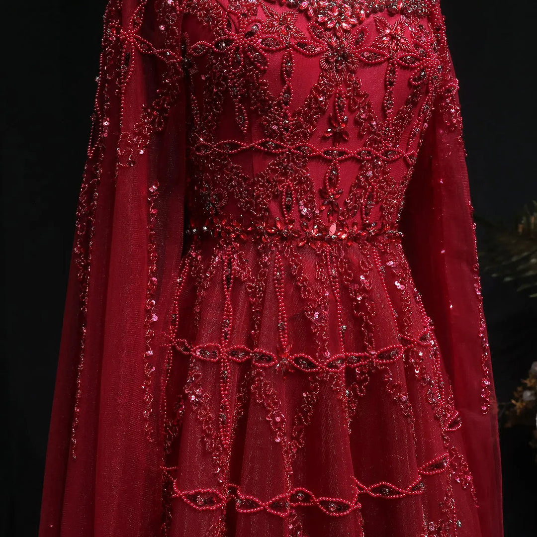 Elegant Cream Heavy Beaded Cape Evening Dress SS486