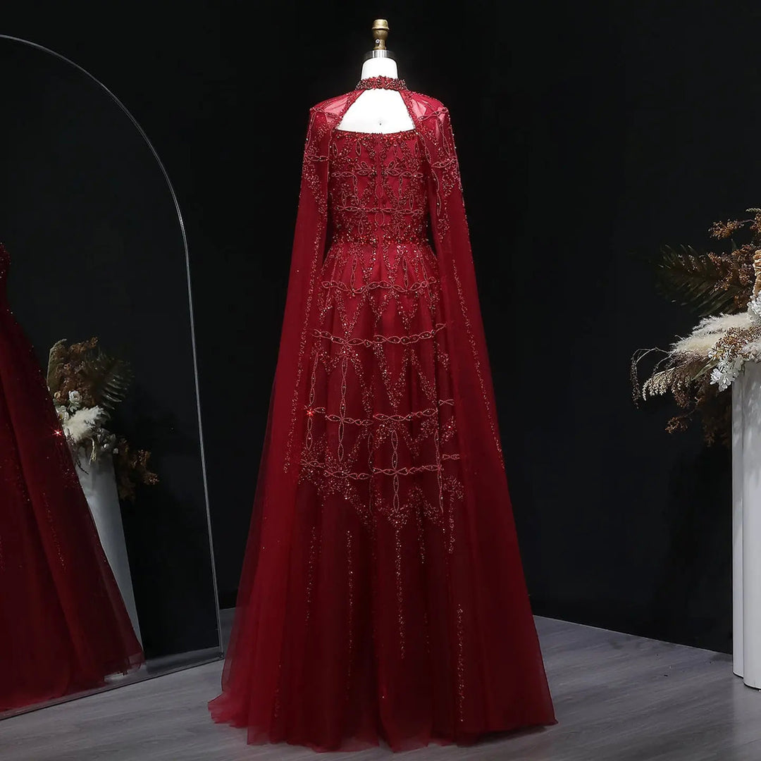 Elegant Cream Heavy Beaded Cape Evening Dress SS486