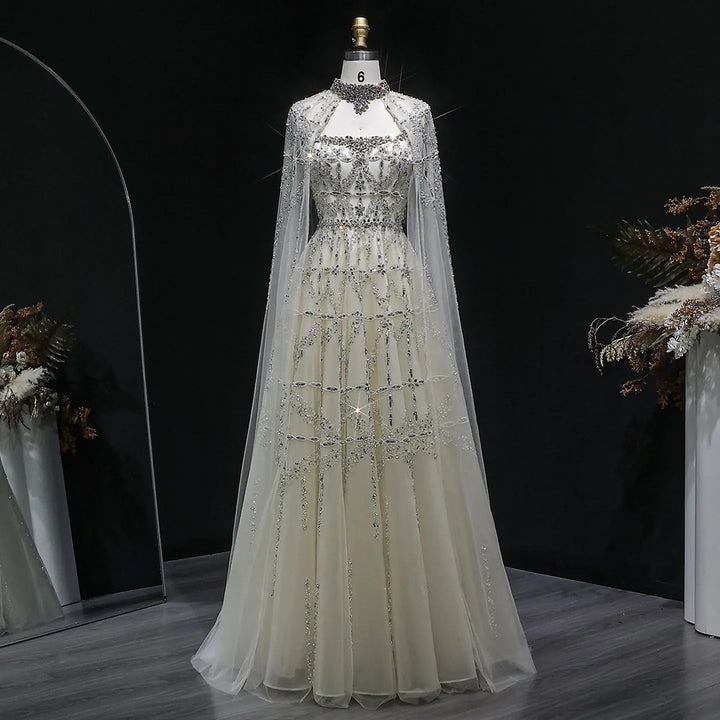 Elegant Cream Heavy Beaded Cape Evening Dress SS486
