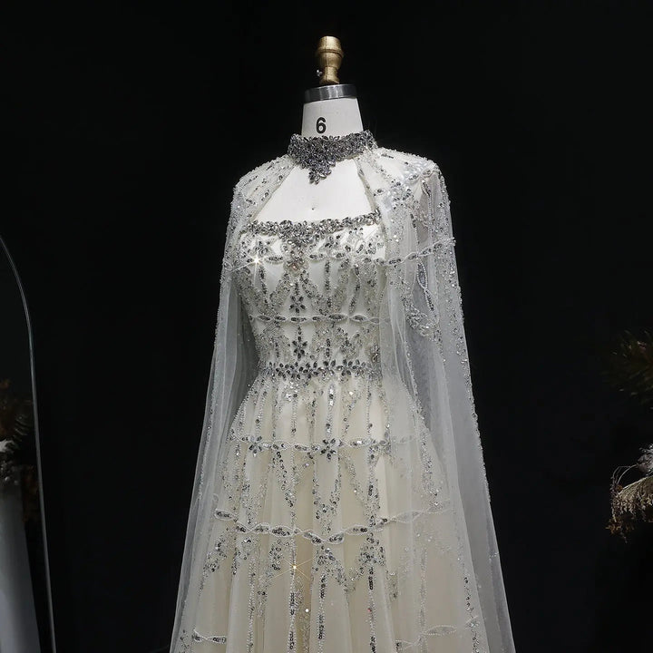 Elegant Cream Heavy Beaded Cape Evening Dress SS486