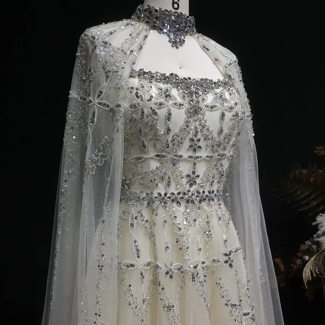 Elegant Cream Heavy Beaded Cape Evening Dress SS486