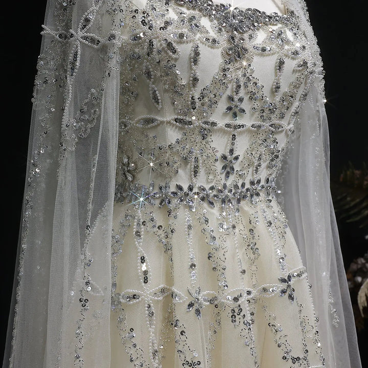 Elegant Cream Heavy Beaded Cape Evening Dress SS486