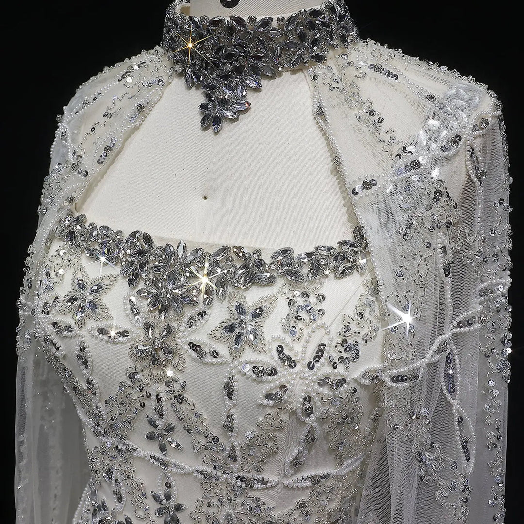 Elegant Cream Heavy Beaded Cape Evening Dress SS486