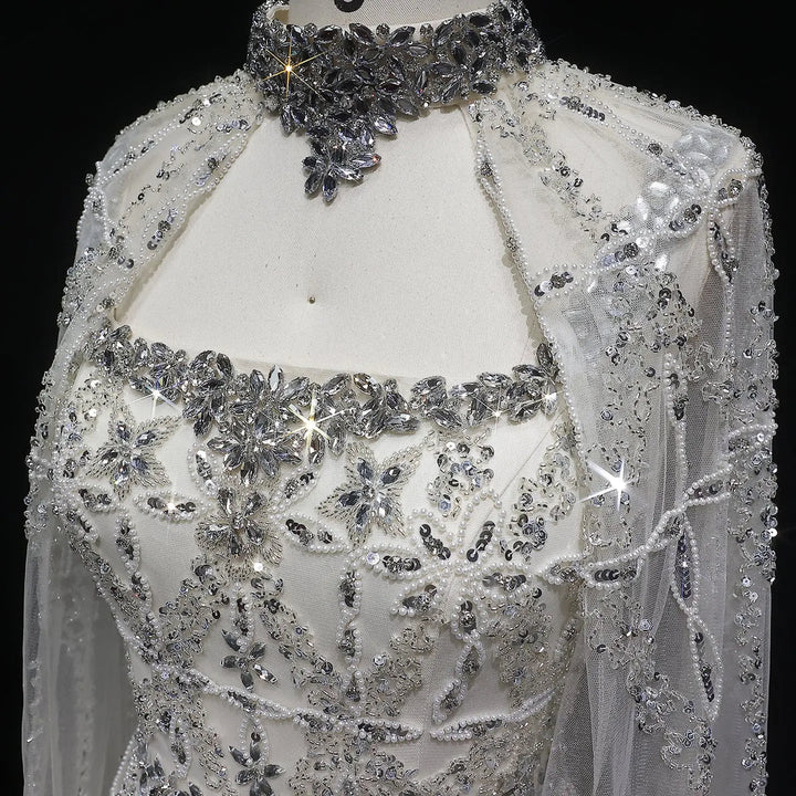 Elegant Cream Heavy Beaded Cape Evening Dress SS486