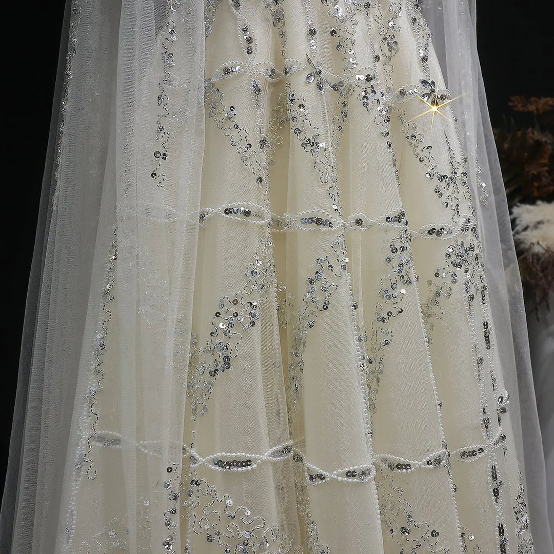 Elegant Cream Heavy Beaded Cape Evening Dress SS486