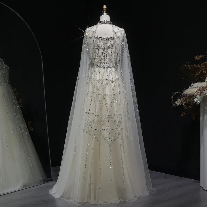 Elegant Cream Heavy Beaded Cape Evening Dress SS486