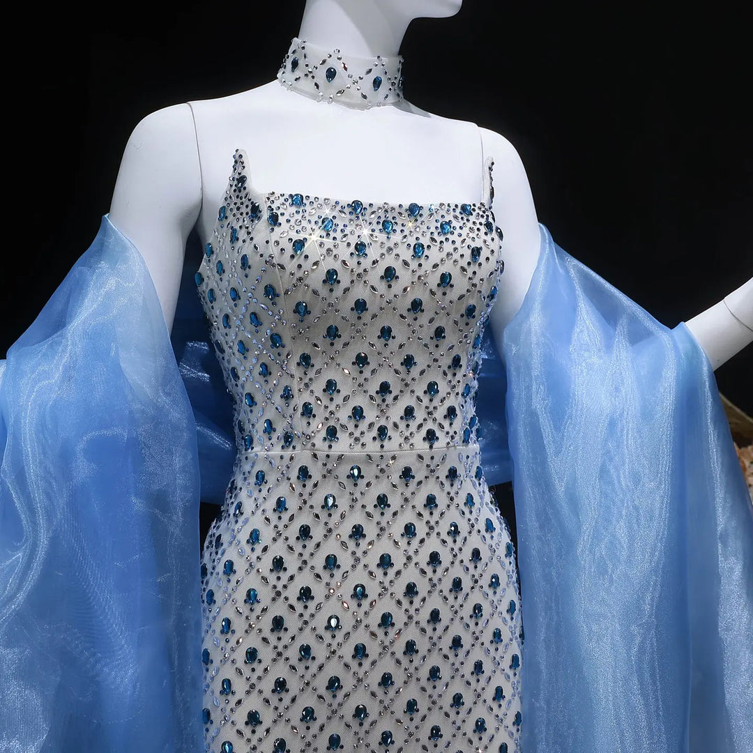 Luxury Crystal Beaded Column Evening Dress with Sheer Blue Cape Choker Neck SS506