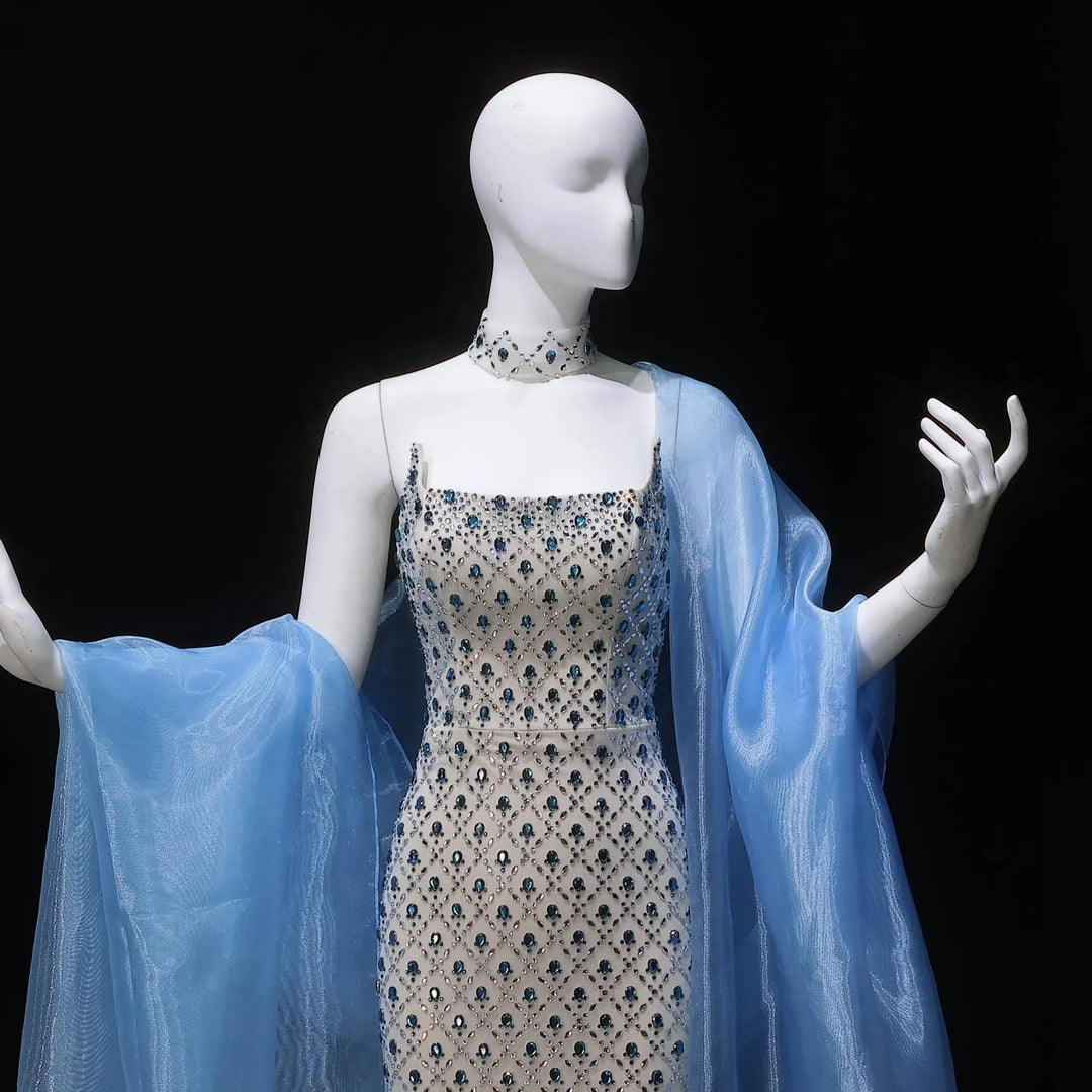 Luxury Crystal Beaded Column Evening Dress with Sheer Blue Cape Choker Neck SS506