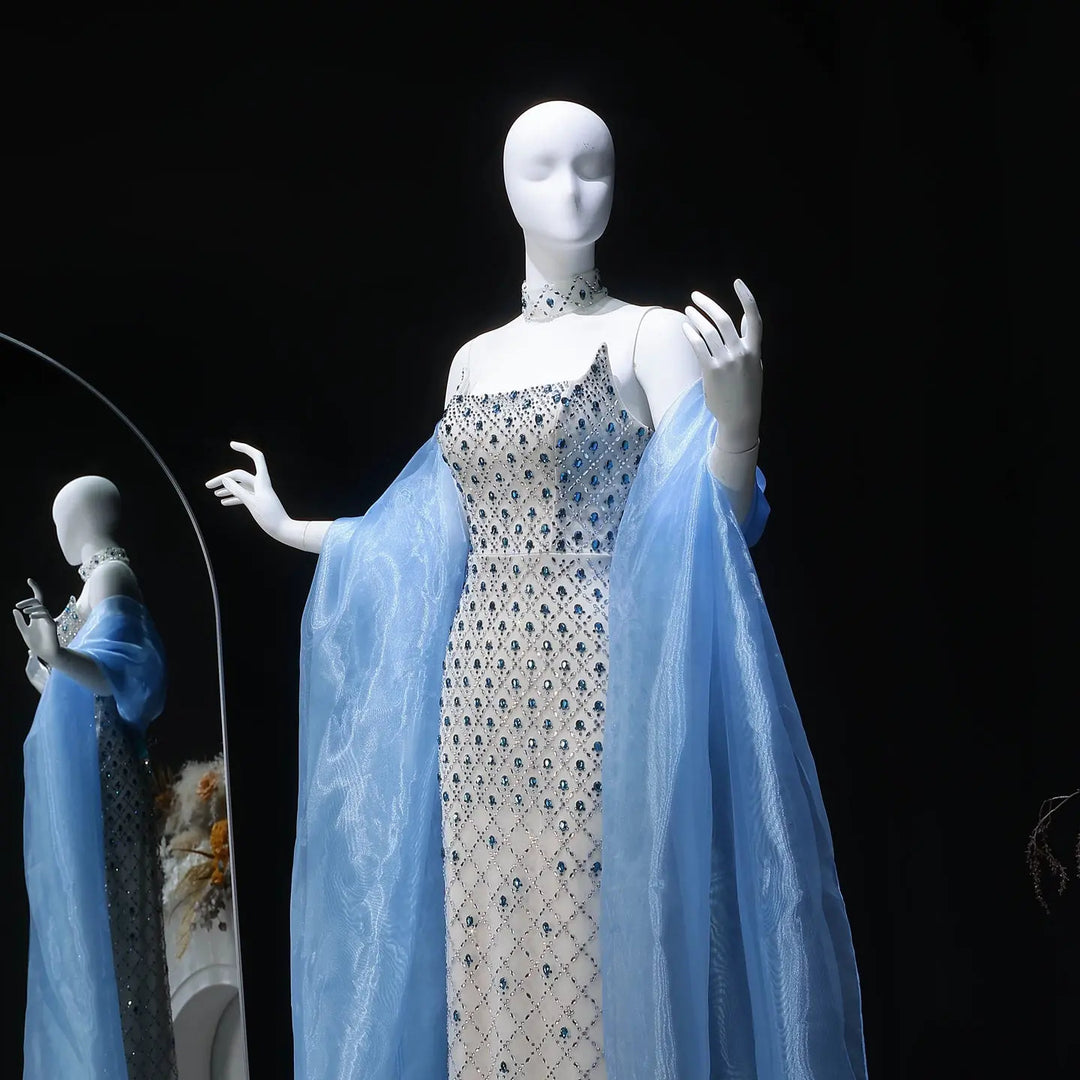 Luxury Crystal Beaded Column Evening Dress with Sheer Blue Cape Choker Neck SS506