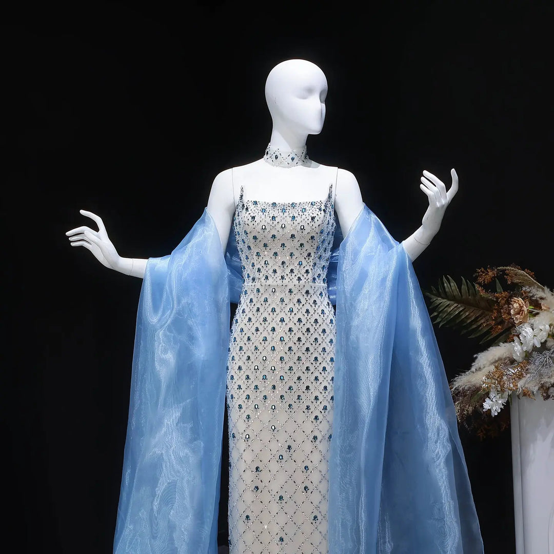 Luxury Crystal Beaded Column Evening Dress with Sheer Blue Cape Choker Neck SS506