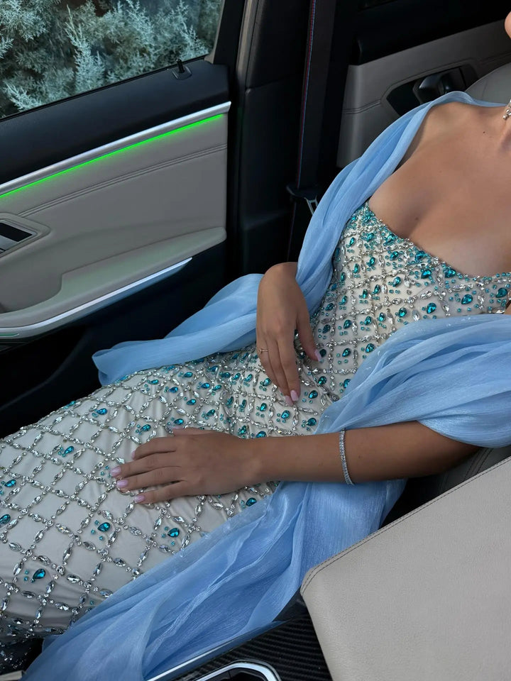 Luxury Crystal Beaded Column Evening Dress with Sheer Blue Cape Choker Neck SS506