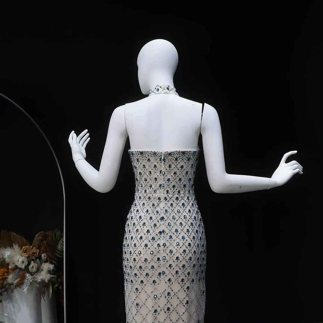 Luxury Crystal Beaded Column Evening Dress with Sheer Blue Cape Choker Neck SS506