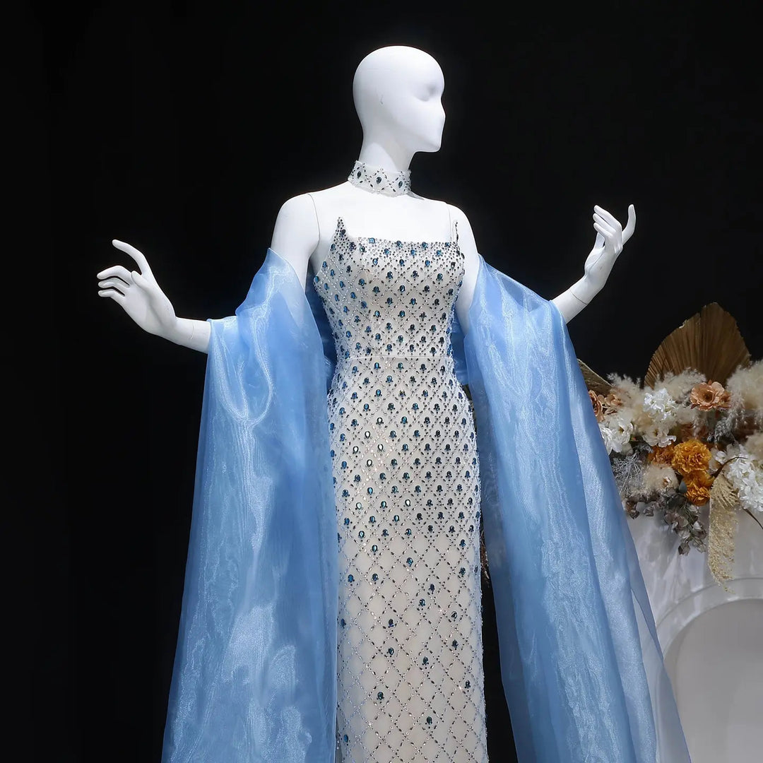 Luxury Crystal Beaded Column Evening Dress with Sheer Blue Cape Choker Neck SS506