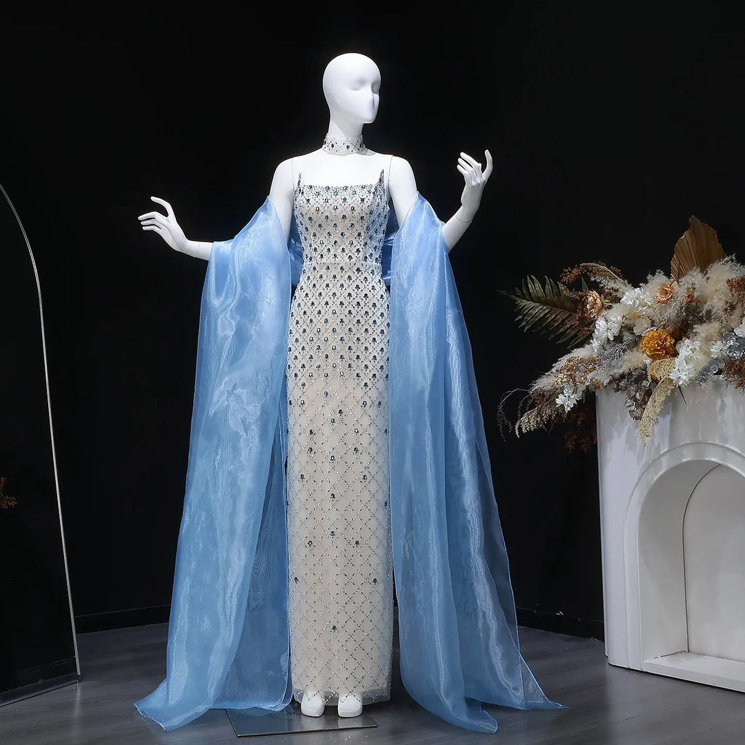 Luxury Crystal Beaded Column Evening Dress with Sheer Blue Cape Choker Neck SS506