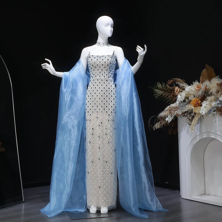 Luxury Crystal Beaded Column Evening Dress with Sheer Blue Cape Choker Neck SS506