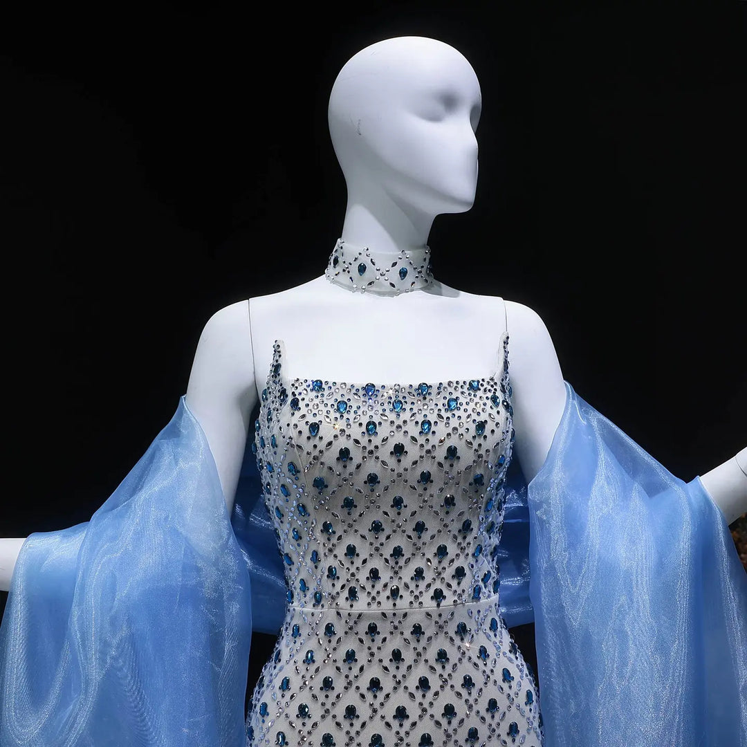 Luxury Crystal Beaded Column Evening Dress with Sheer Blue Cape Choker Neck SS506