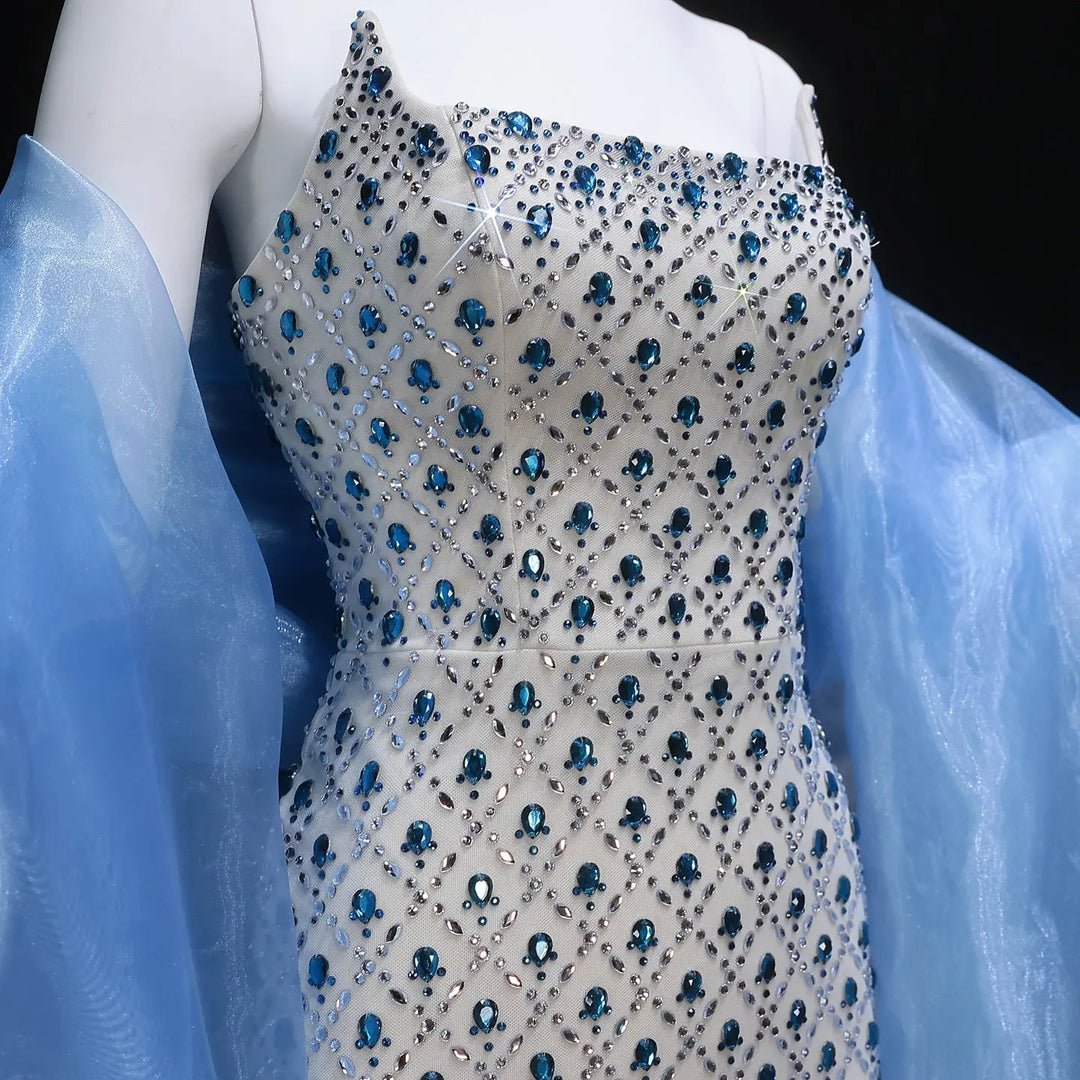 Luxury Crystal Beaded Column Evening Dress with Sheer Blue Cape Choker Neck SS506