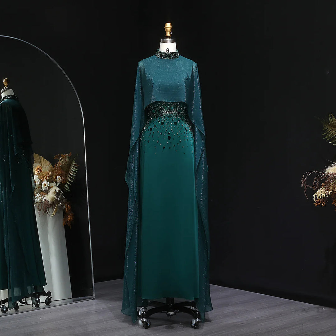 Luxury Emerald Green Beaded Crystal Evening Gown with Cape Sleeves SS260