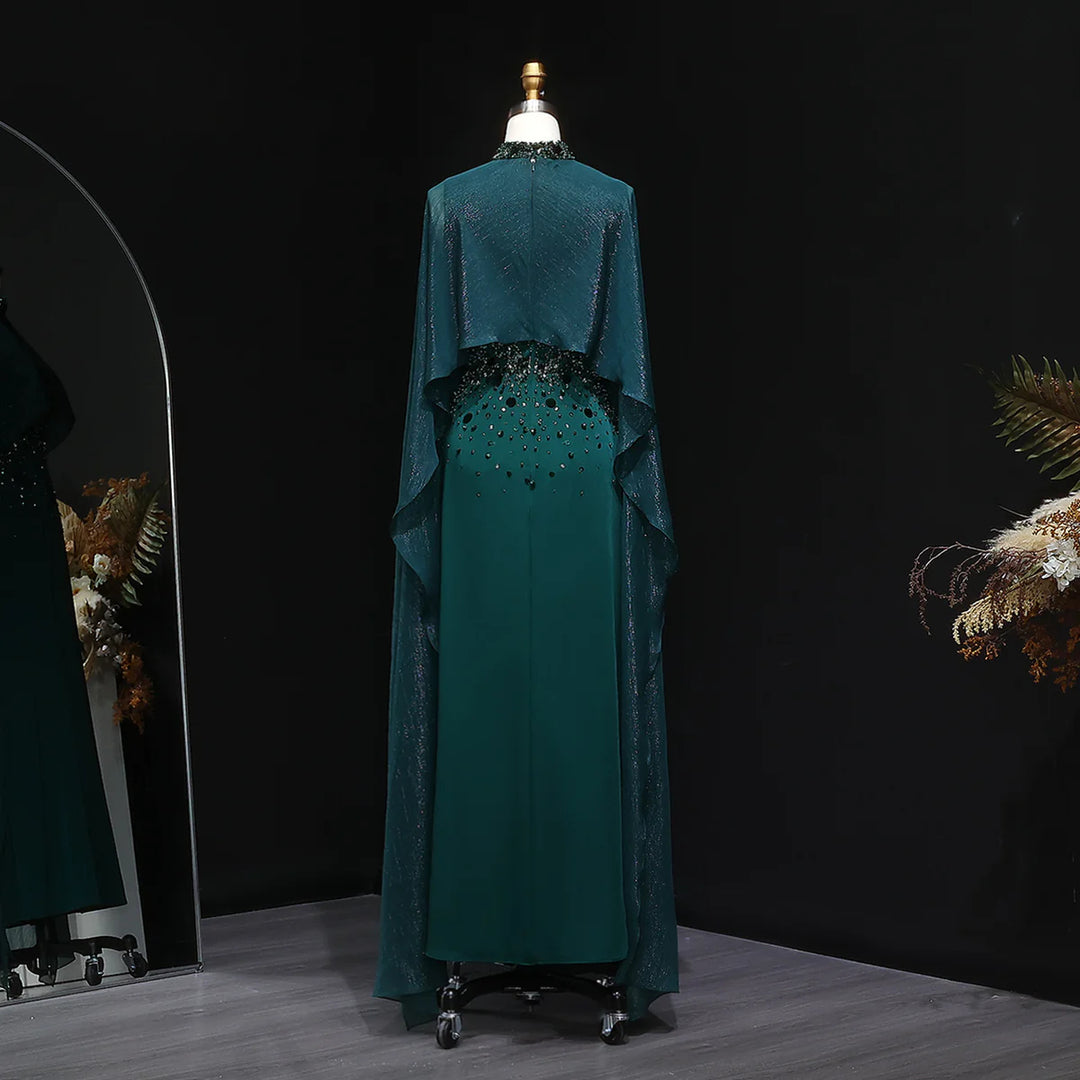 Luxury Emerald Green Beaded Crystal Evening Gown with Cape Sleeves SS260