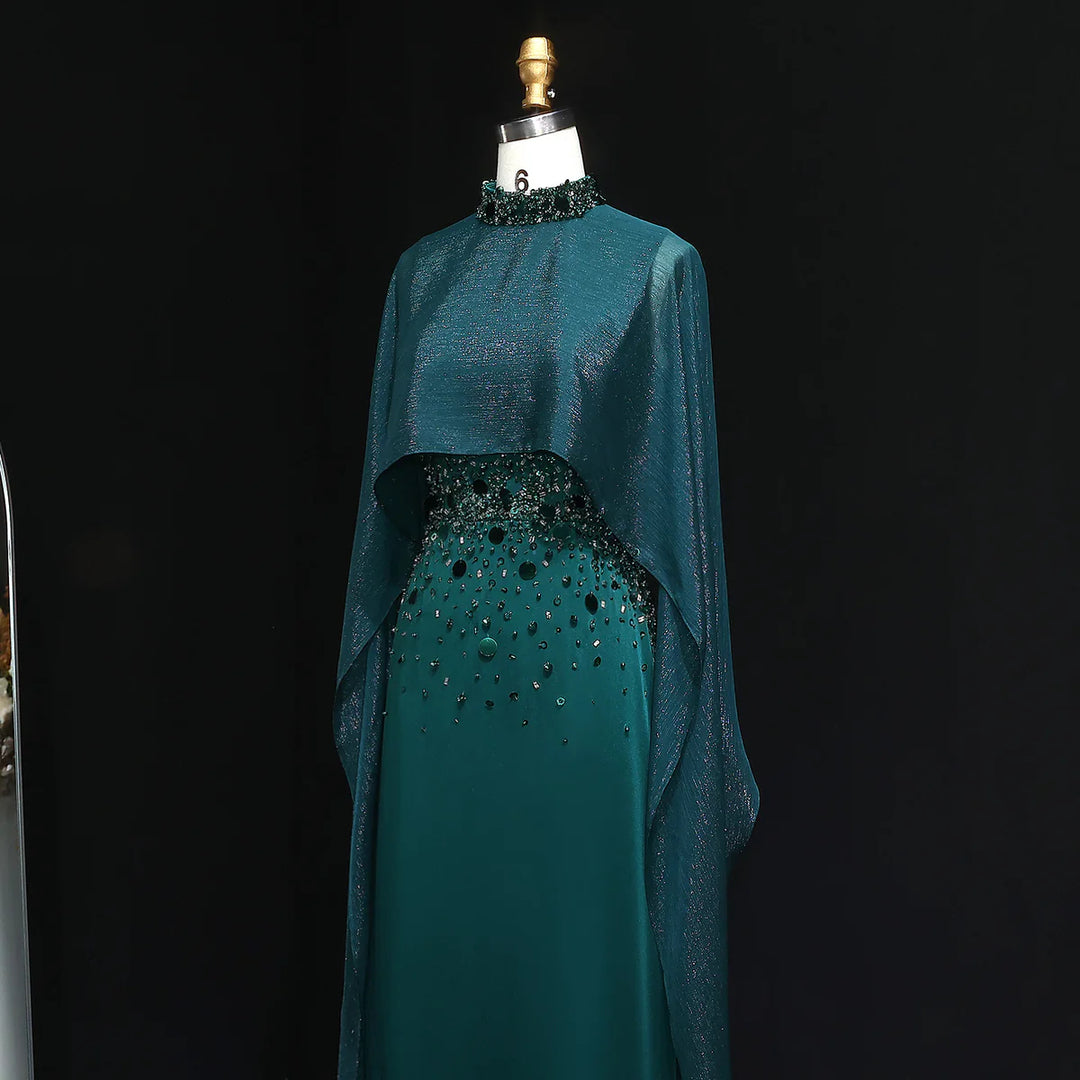 Luxury Emerald Green Beaded Crystal Evening Gown with Cape Sleeves SS260