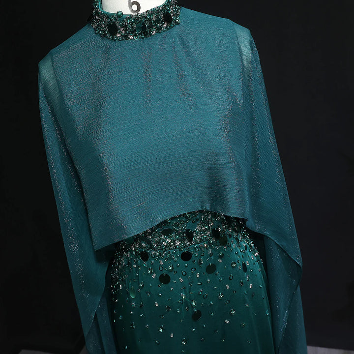 Luxury Emerald Green Beaded Crystal Evening Gown with Cape Sleeves SS260