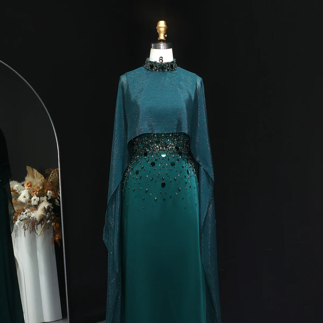 Luxury Emerald Green Beaded Crystal Evening Gown with Cape Sleeves SS260