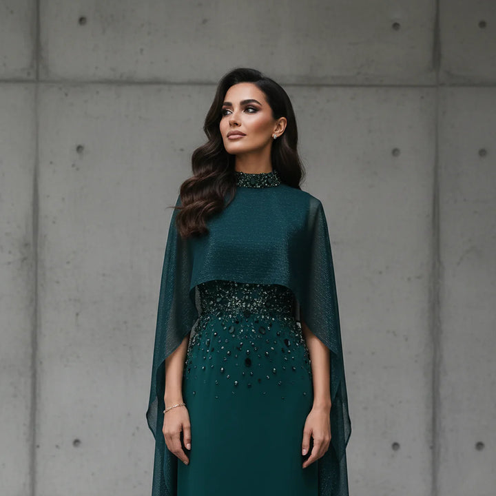 Luxury Emerald Green Beaded Crystal Evening Gown with Cape Sleeves SS260