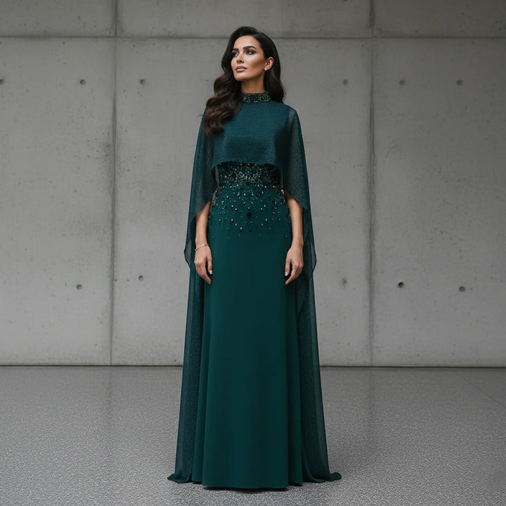 Luxury Emerald Green Beaded Crystal Evening Gown with Cape Sleeves SS260
