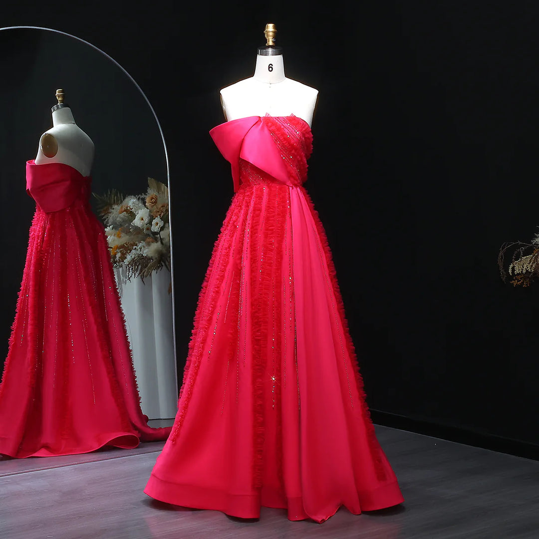 Luxury Fuchsia Textured Beaded Strapless Ball Gown with Train XD042