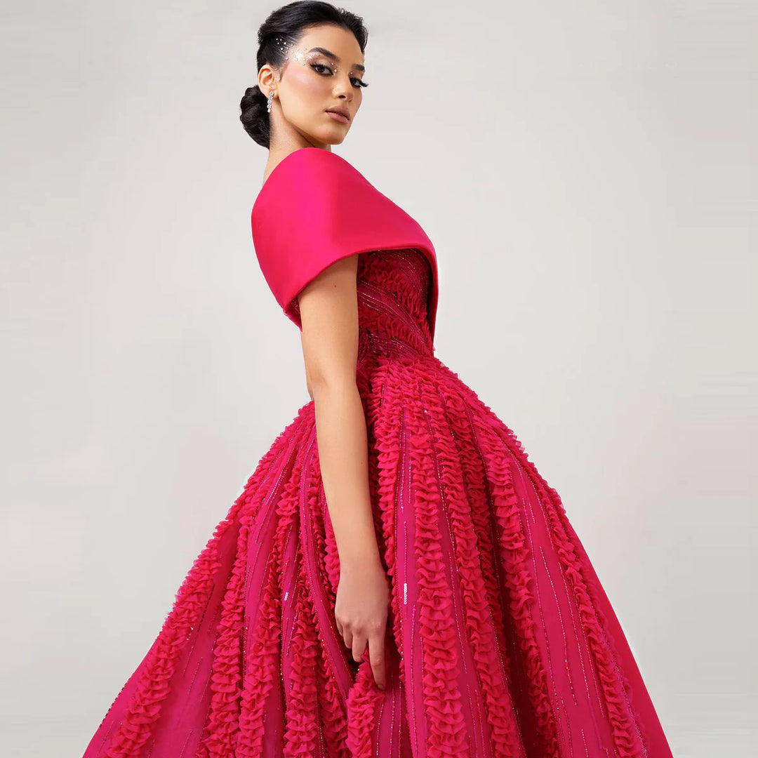 Luxury Fuchsia Textured Beaded Strapless Ball Gown with Train XD042