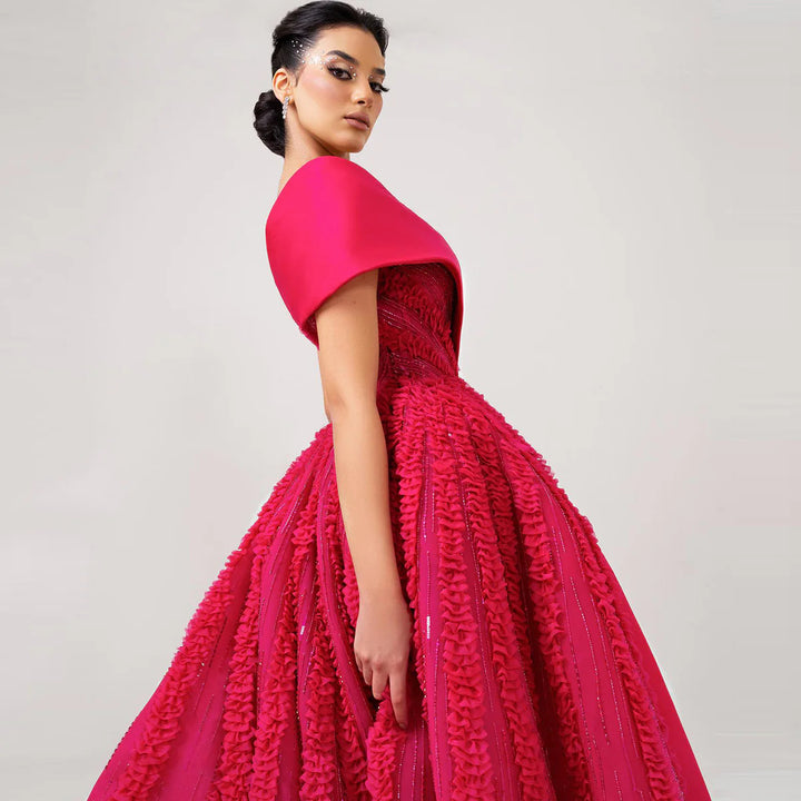 Luxury Fuchsia Textured Beaded Strapless Ball Gown with Train XD042