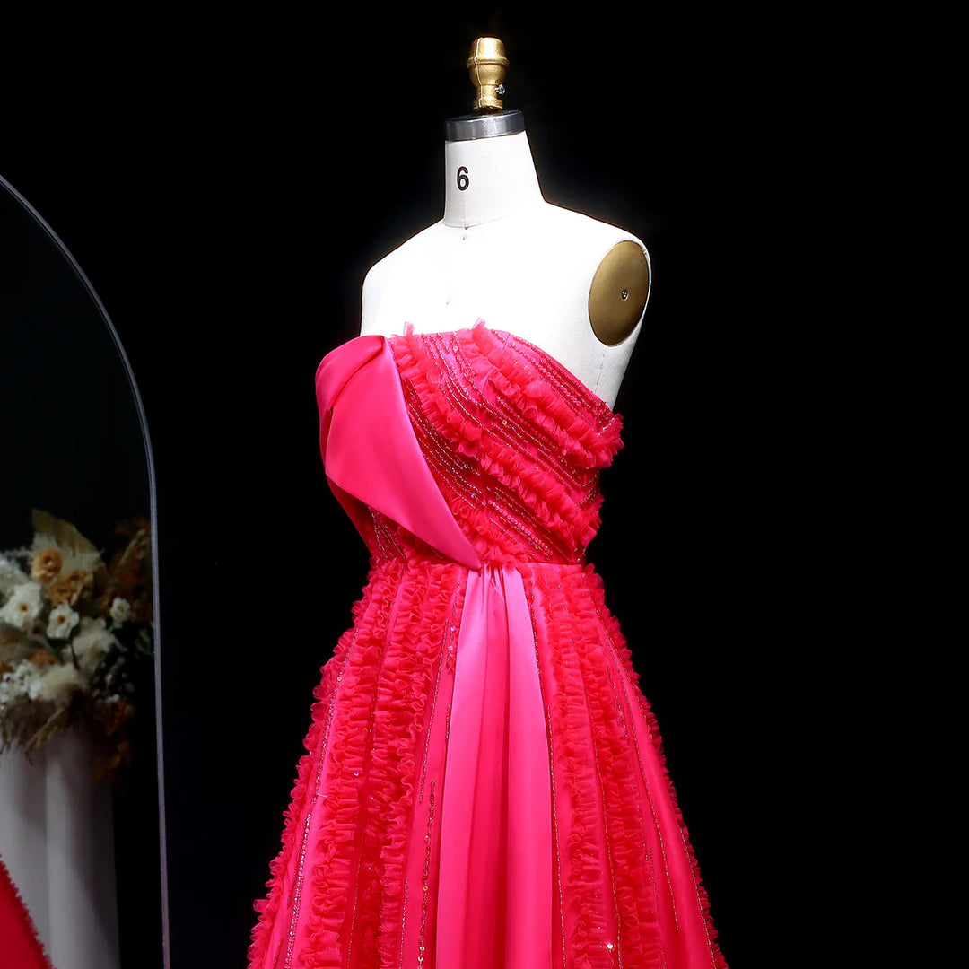 Luxury Fuchsia Textured Beaded Strapless Ball Gown with Train XD042