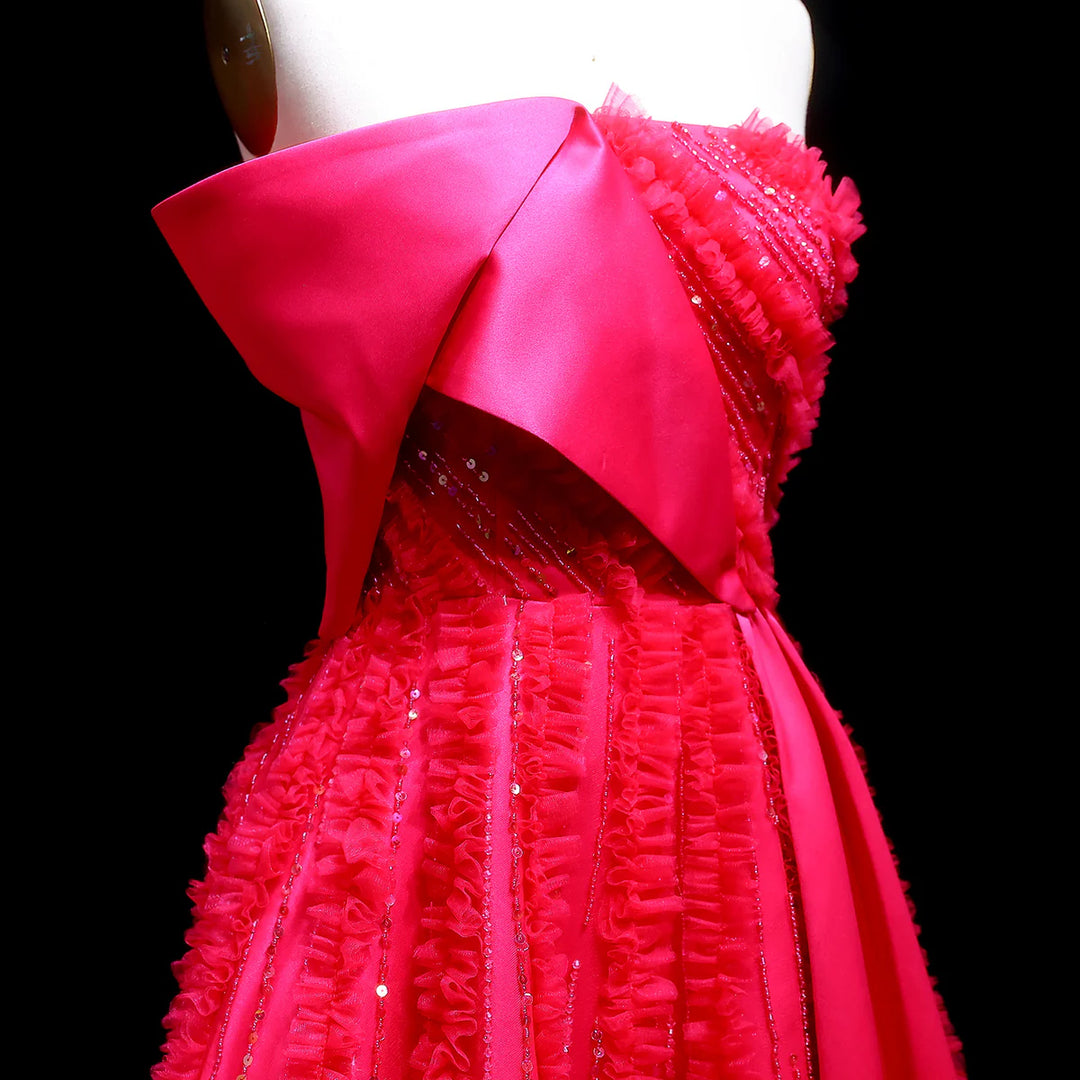 Luxury Fuchsia Textured Beaded Strapless Ball Gown with Train XD042