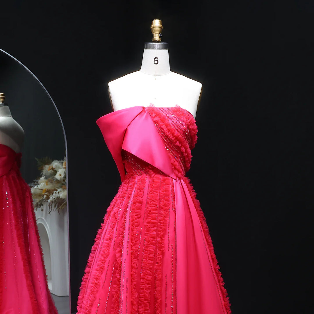 Luxury Fuchsia Textured Beaded Strapless Ball Gown with Train XD042