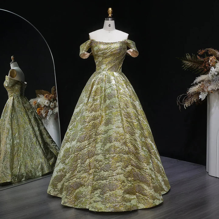 Luxury Gold Jacquard Off-Shoulder Ball Gown Satin Evening Dress SS742