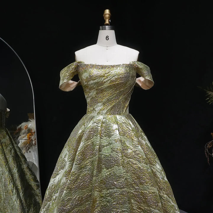 Luxury Gold Jacquard Off-Shoulder Ball Gown Satin Evening Dress SS742